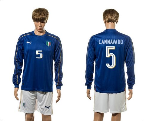 Italy #5 Cannavaro Blue Home Long Sleeves Soccer Country Jersey